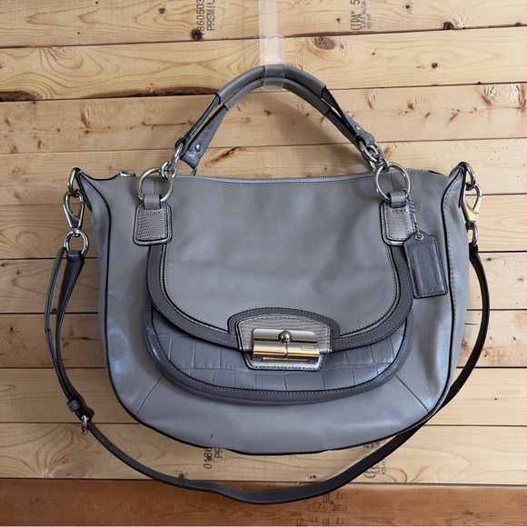 Coach Handbags - Coach Kristin Spectator Gray Taupe Leather Croc Trim Zip Satchel Crossbody Bag